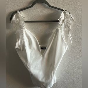 White Spaghetti Strap Top  w/ Angel Feathers Shoulders Sz L